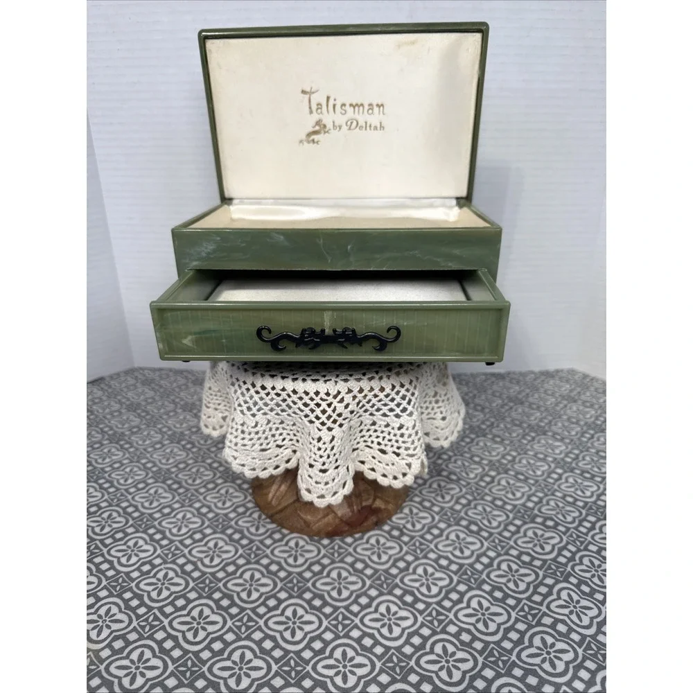 Antique Talisman By Deltah Jade Celluloid Jewelry Trinket Box ~ 7.25